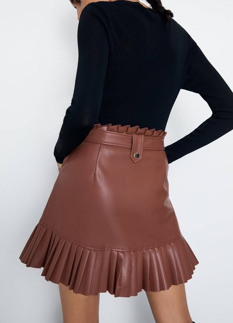 Pu leather high waist pleated hem mini skirt