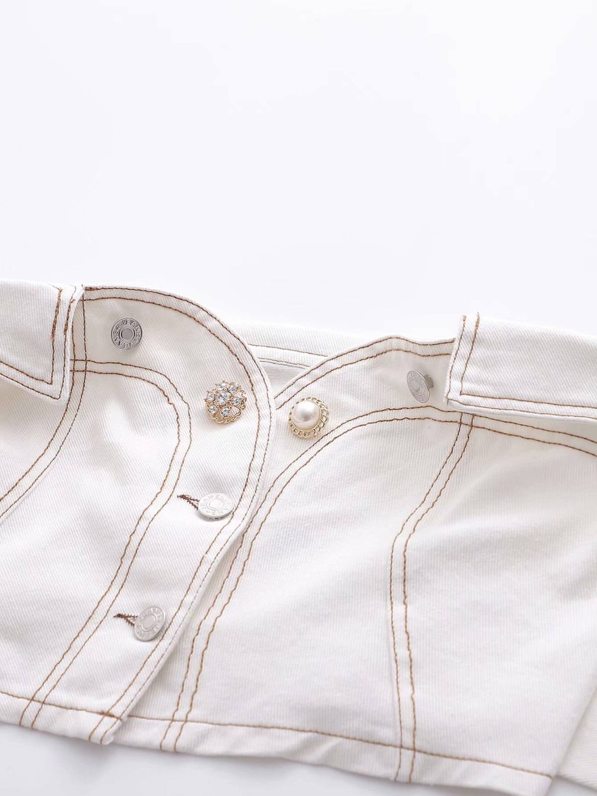 White Denim Strapless Pearls Button Tube Top in T-shirts & Tops