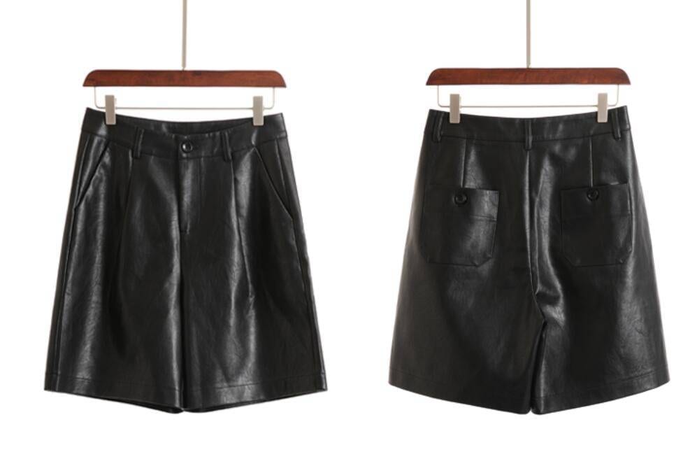 Pu leather high waisted loose shorts