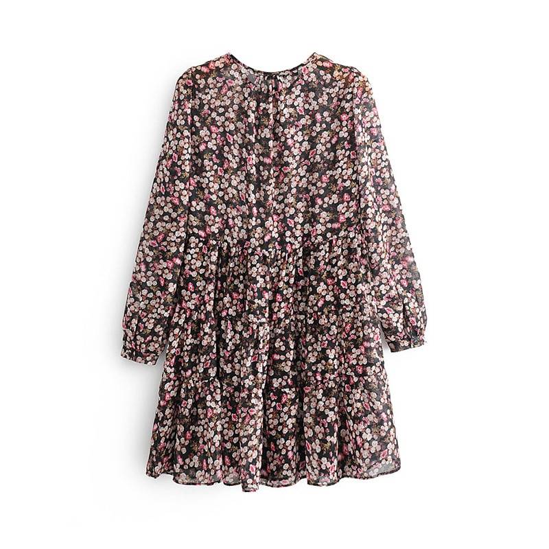Long sleeve o neck loose floral print pleated dress