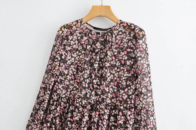 Long Sleeve O Neck Loose Floral Print Pleated Dress in Dresses