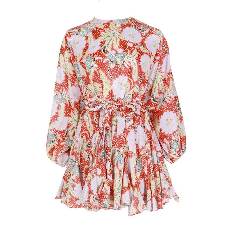 Color Print Long Sleeve O Neck High Waist Lace Up Dress in Dresses