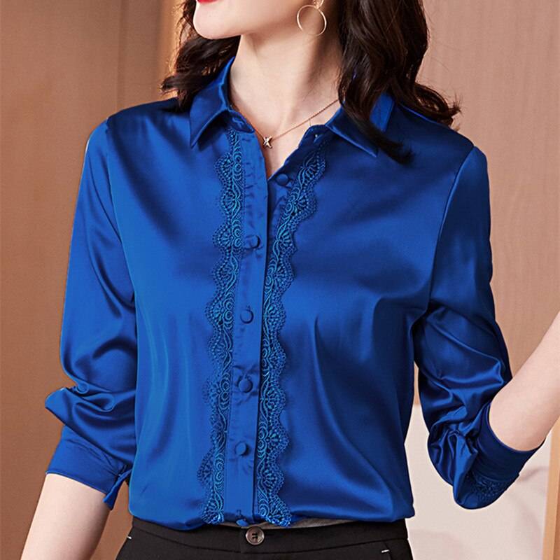 Elegant Satin Long Sleeve Lace Office Shirt | Uniqistic.com