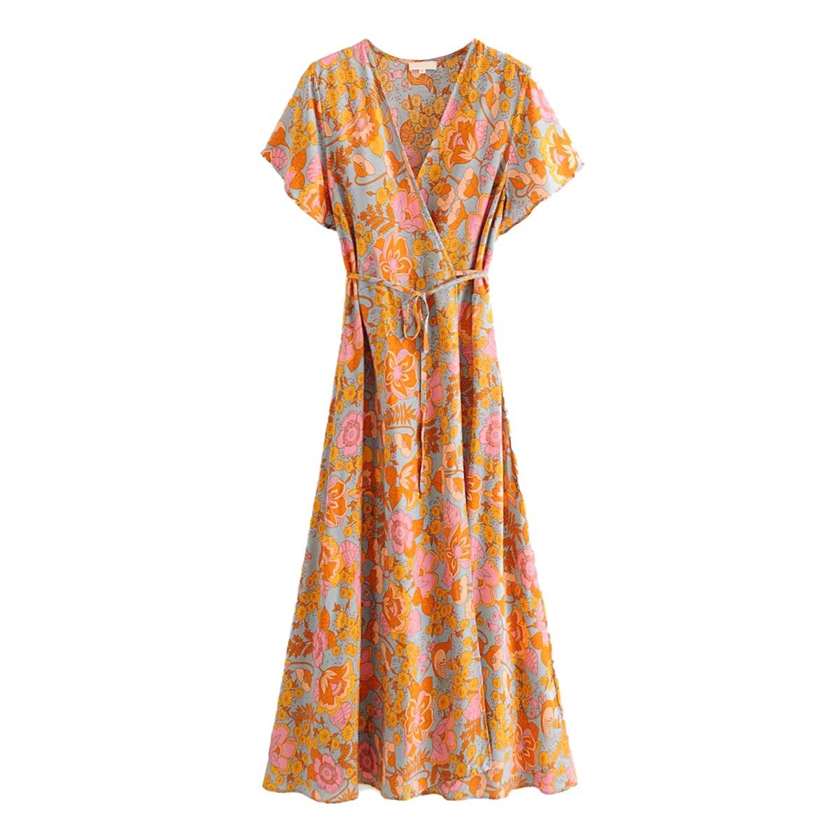 Vintage Floral Print High Waist Wrap Hippie Beach Boho Dress in Dresses