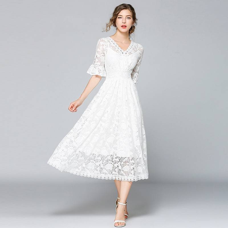 Princess swing white lace midi beach dress