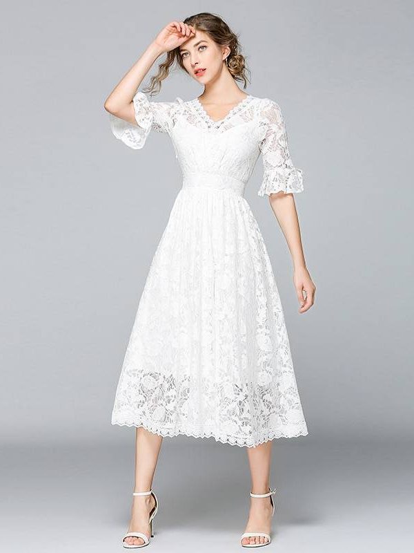 Princess swing white lace midi beach dress