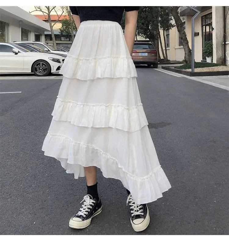 Goth Lolita High Waisted Asymmetrical High Low Ruched Ruffle Skirt in Skirts