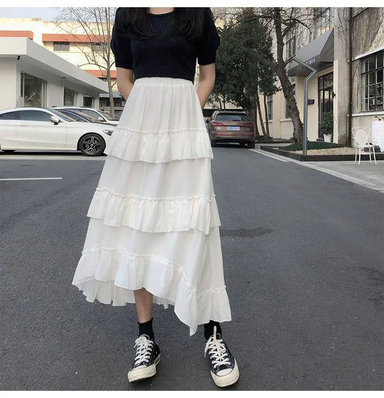 Goth Lolita High Waisted Asymmetrical High Low Ruched Ruffle Skirt in Skirts
