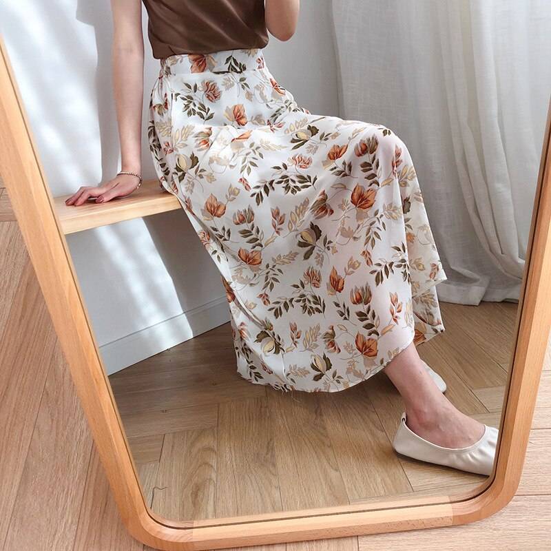 High waist floral print chiffon midi skirt