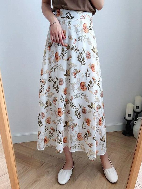 High waist floral print chiffon midi skirt