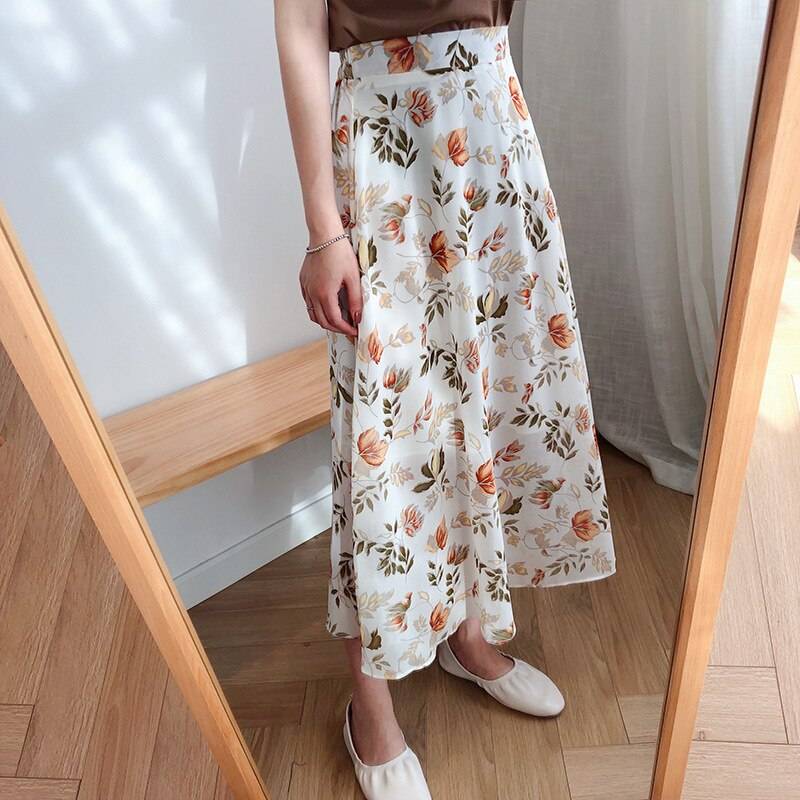 High Waist Floral Print Chiffon Midi Skirt in Skirts