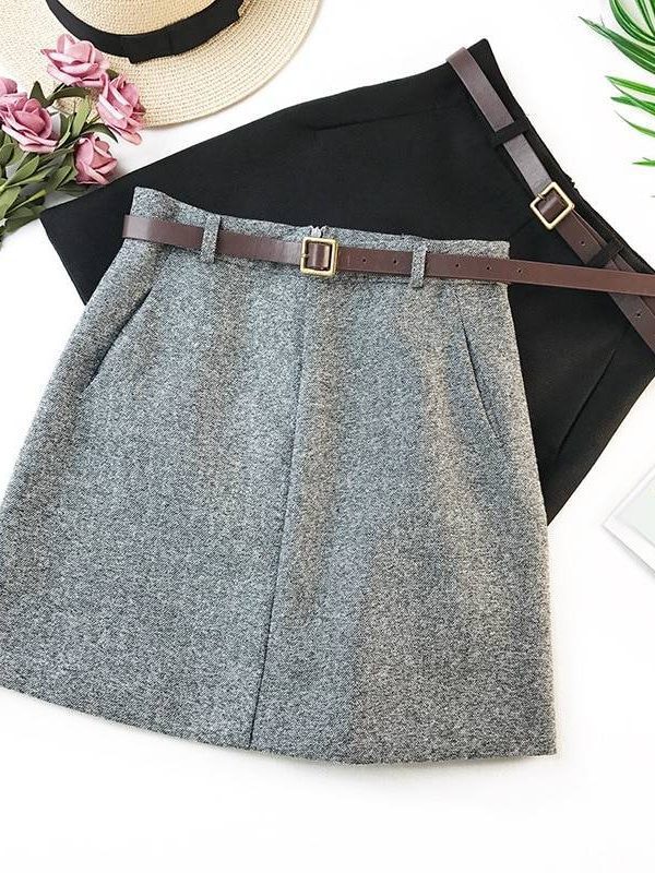 Vintage High Waist A-Line Office Skirt With Belt in Skirts