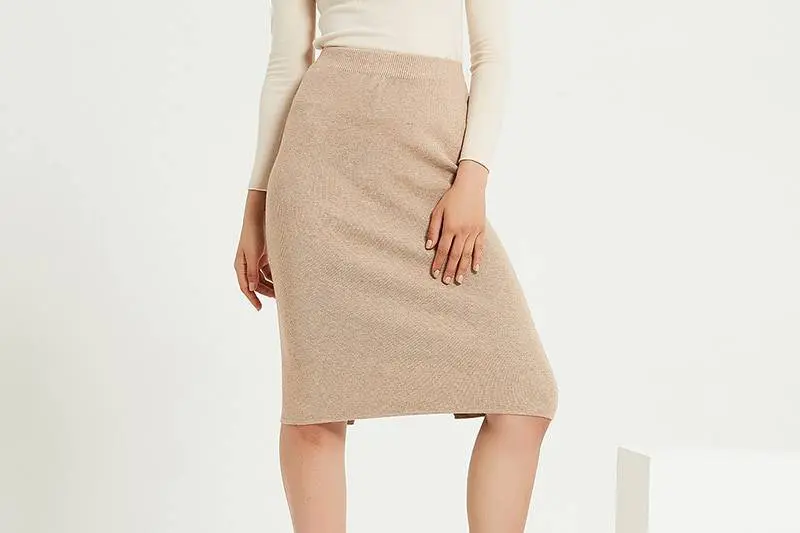 Knitted Straight High Waist Knee-Length Skirt in Skirts
