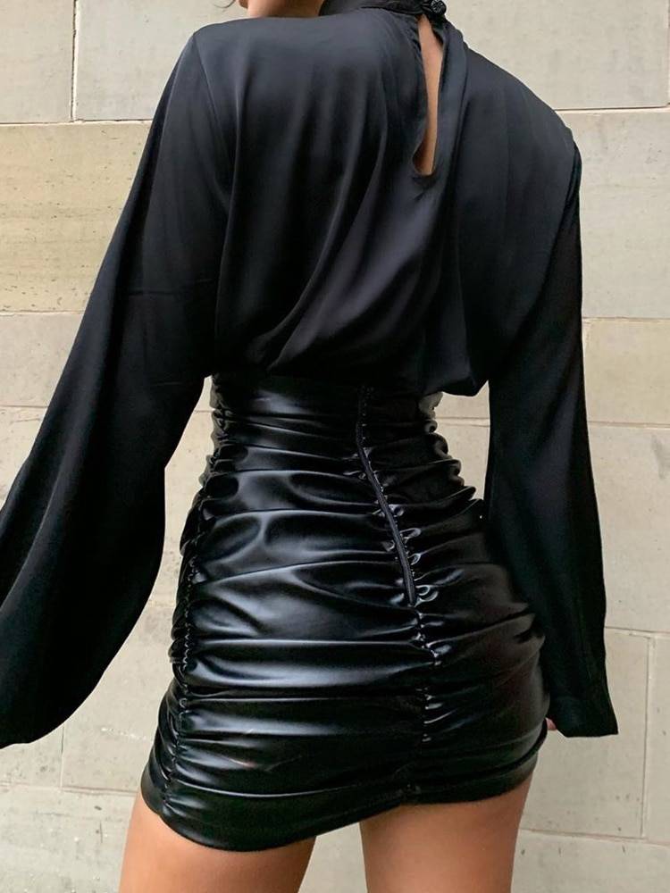 PU Leather Ruched High Waist Black Short Mini Bottom Stretch Skirt in Skirts
