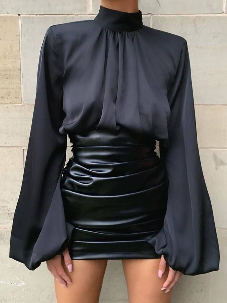 Pu leather ruched high waist black short mini bottom stretch skirt