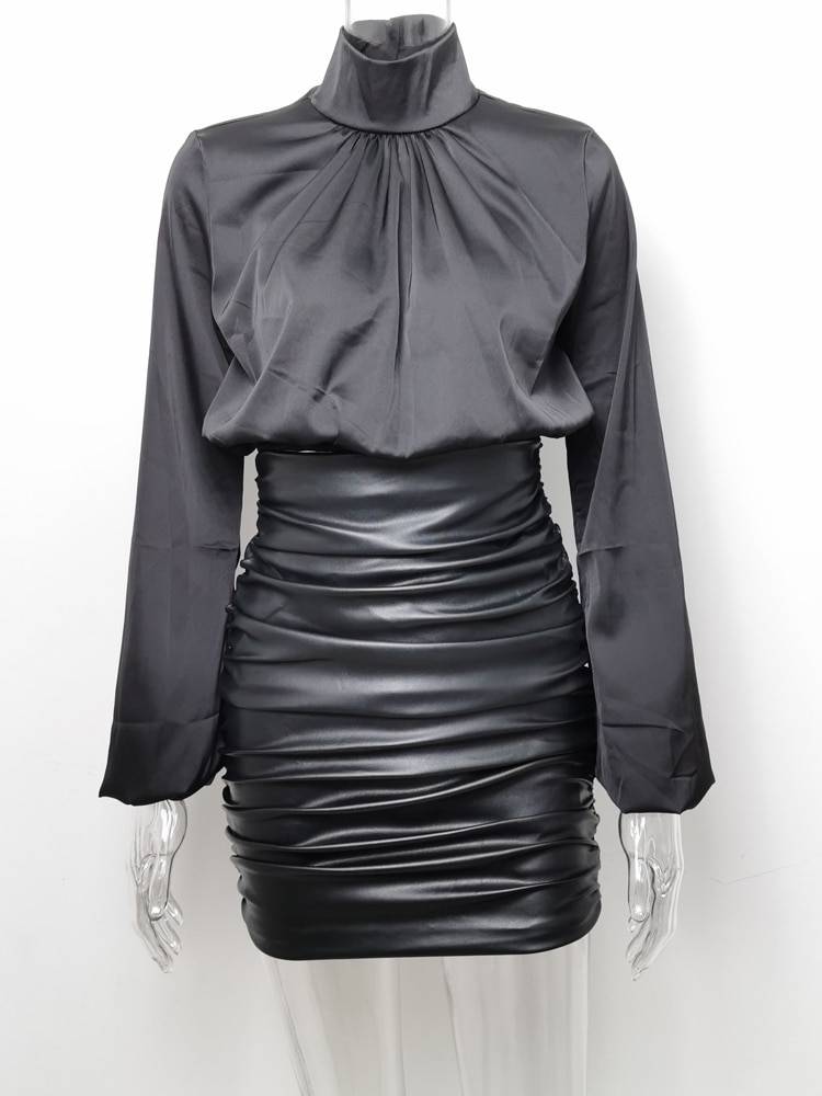 Pu leather ruched high waist black short mini bottom stretch skirt