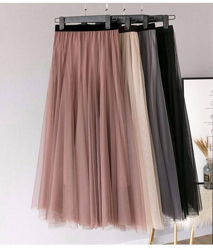 Elastic high waist mesh midi pleated tulle skirt