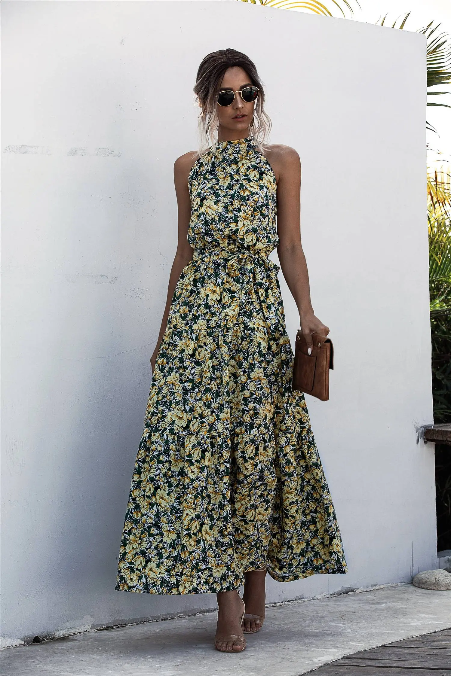 Floral print halter strapless long dress