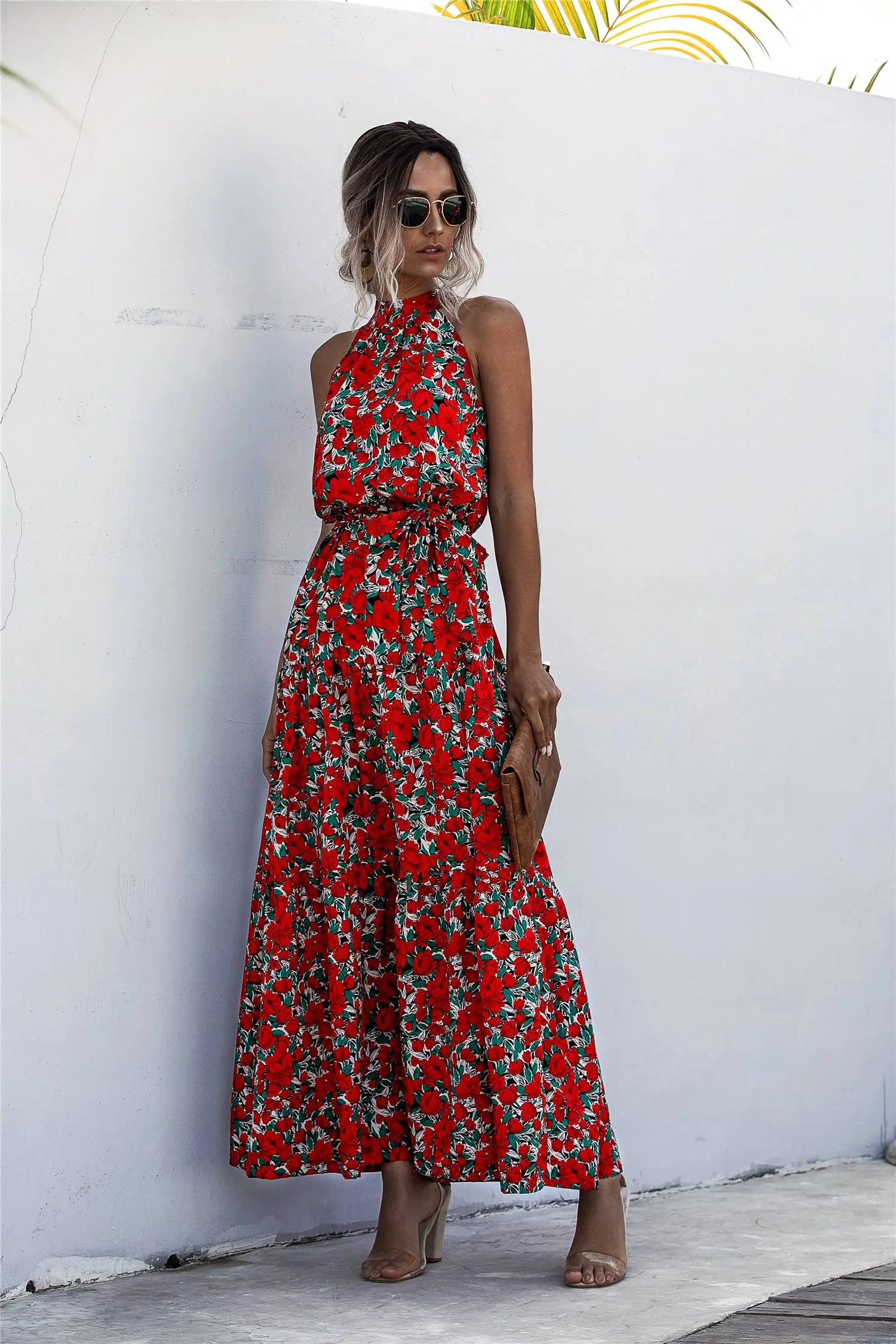Floral print halter strapless long dress