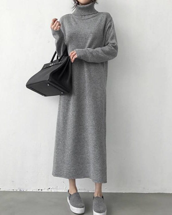 Warm turtleneck thick knitted loose long sweater dress