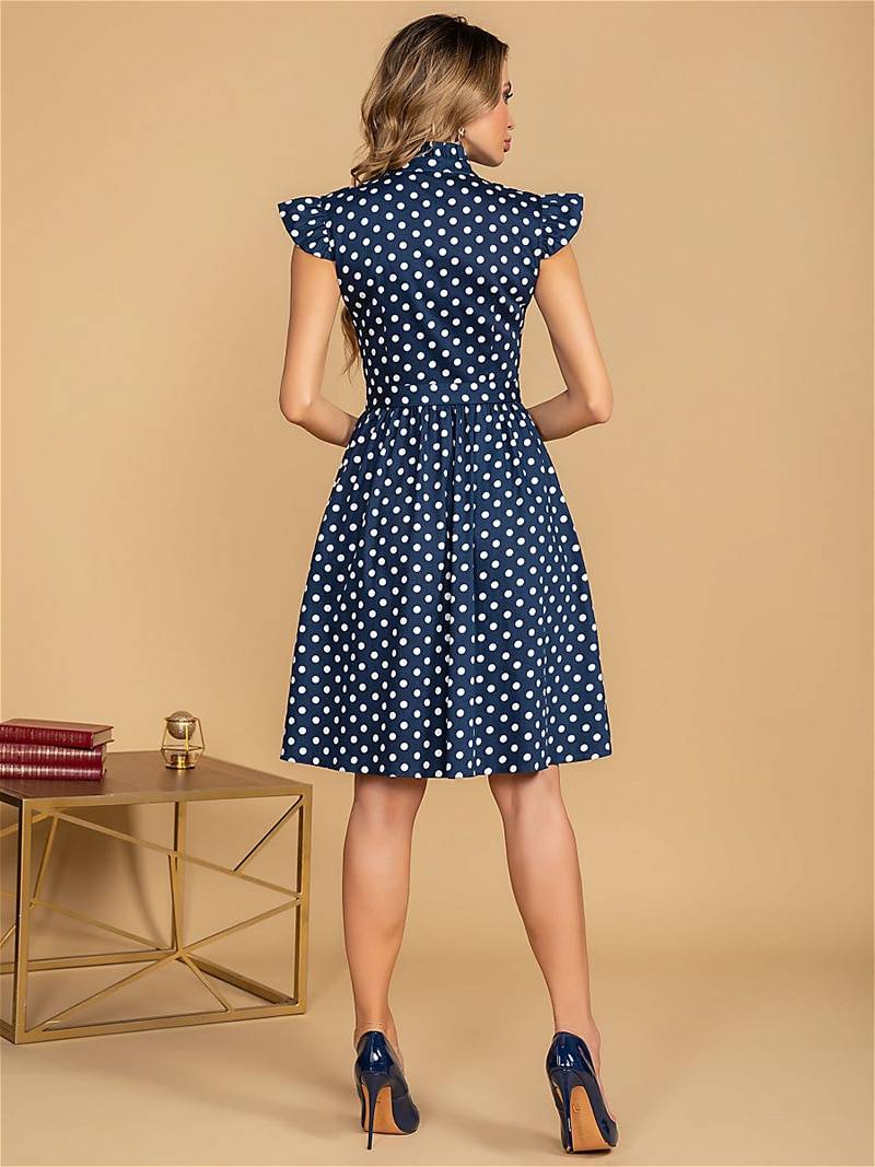 Vintage ruffles stand collar polka dot print single breasted sashes a line mini dress