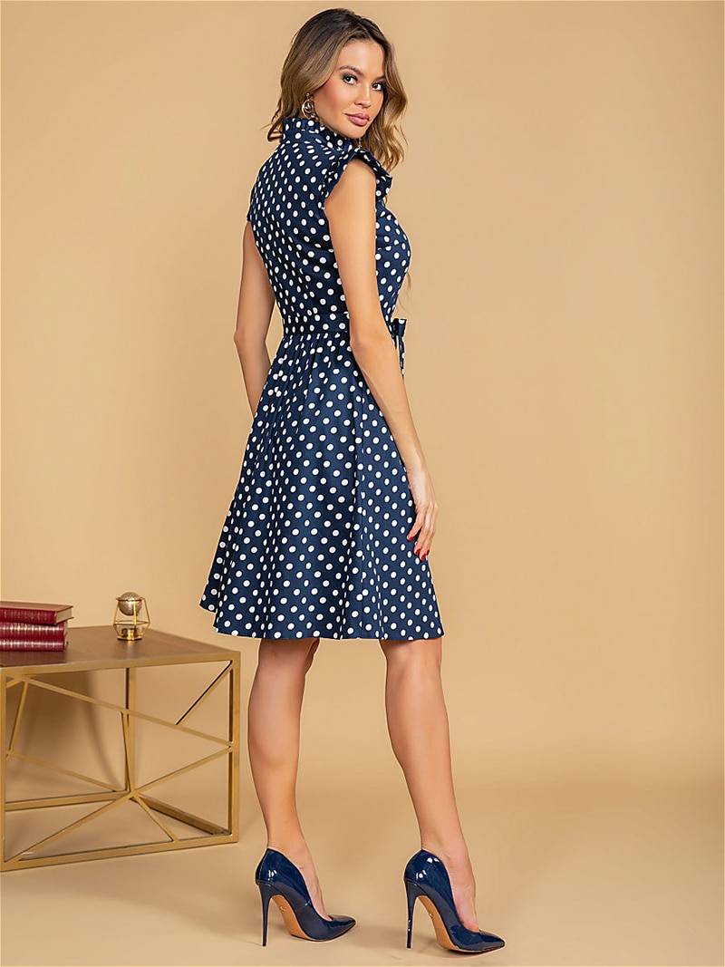 Vintage ruffles stand collar polka dot print single breasted sashes a line mini dress