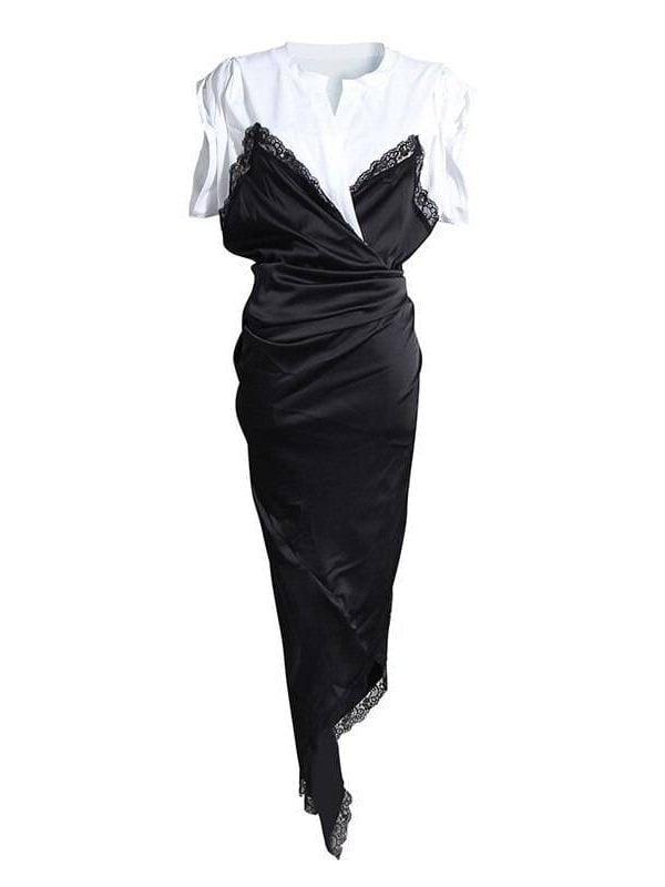 Black irregular split v-neck short sleeve elegant dress