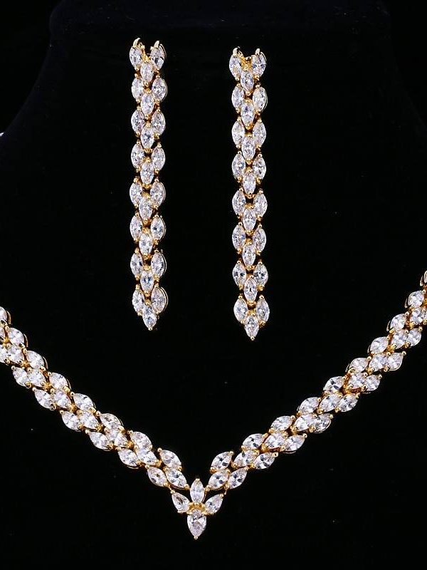 Elegant Cubic Zirconia Gold Color Necklace Earring Wedding Jewelry Set in Wedding Accessories