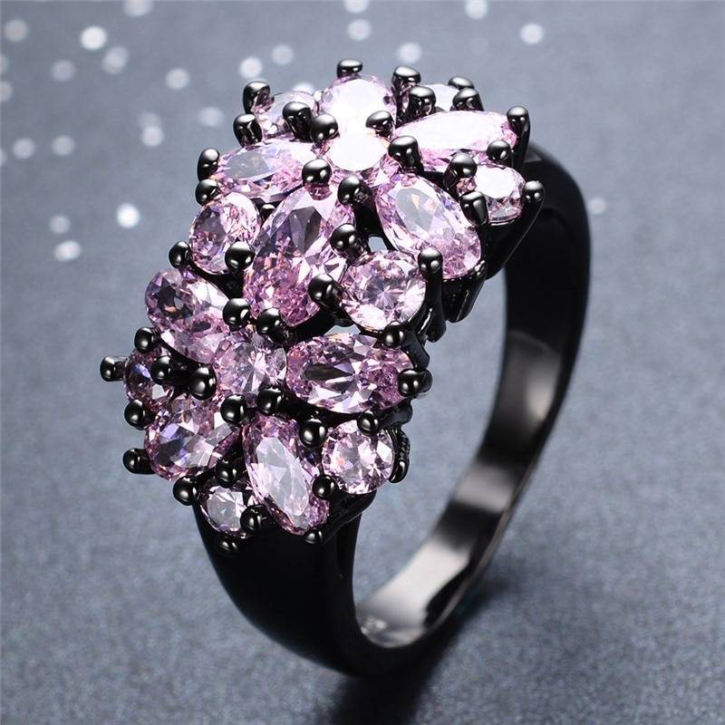 Vintage black gold small oval purple crystal zircon star flower ring