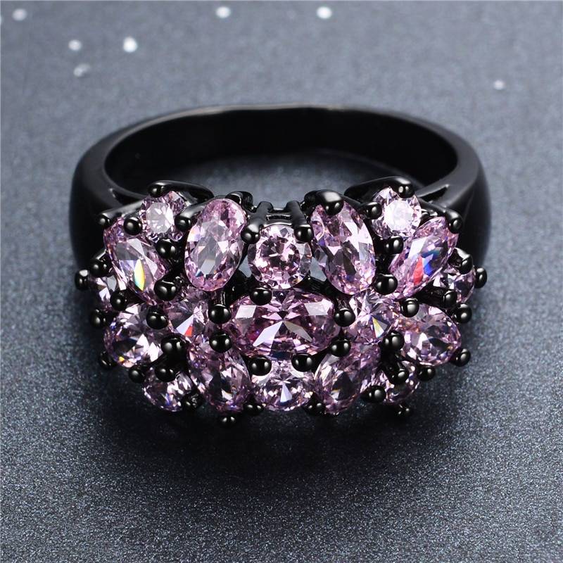 Vintage black gold small oval purple crystal zircon star flower ring
