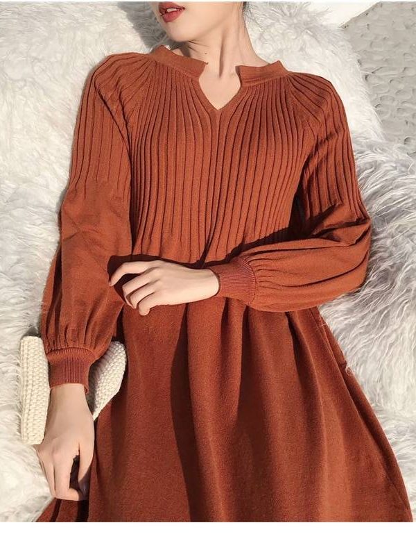 Knitting V-Neck Solid Color Retro Dress in Dresses