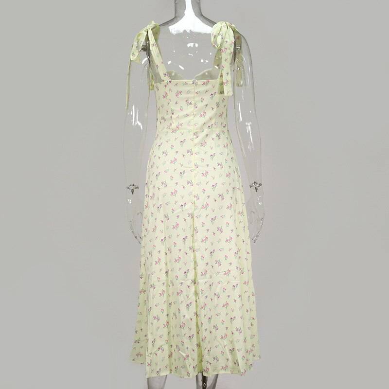 Bow tie spaghetti strap split backless sleeveless midi floral print pleated dress