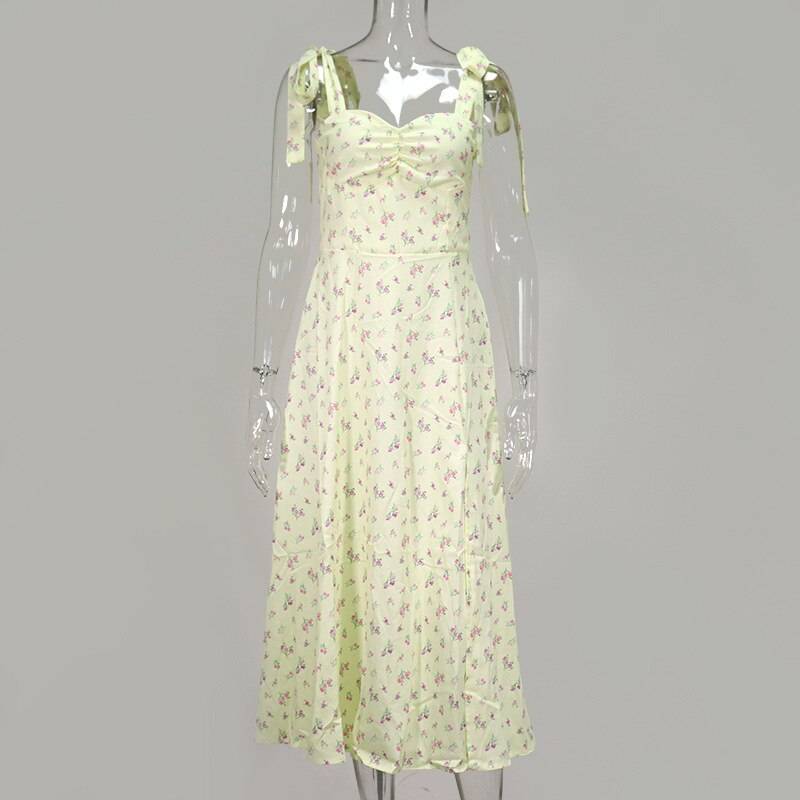 Bow Tie Spaghetti Strap Split Backless Sleeveless Midi Floral Print Pleated Dress in Dresses