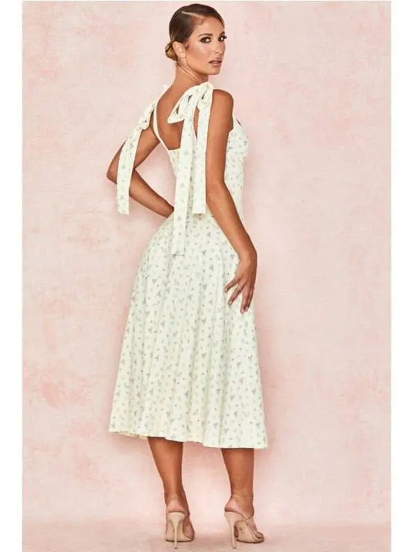Bow Tie Spaghetti Strap Split Backless Sleeveless Midi Floral Print Pleated Dress in Dresses