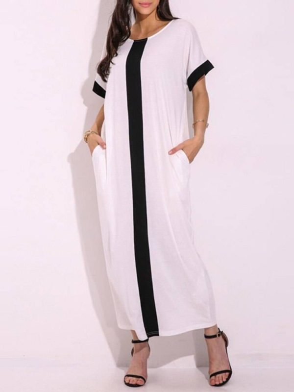 Contrast Panel Short Sleeve O Neck Loose Maxi T-Shirt Dress in Dresses
