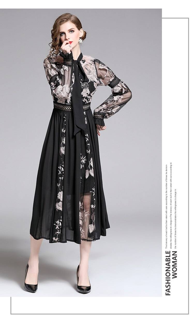 Elegant Black Feather Embroidery Lace-Up Bow Mesh Dress in Dresses