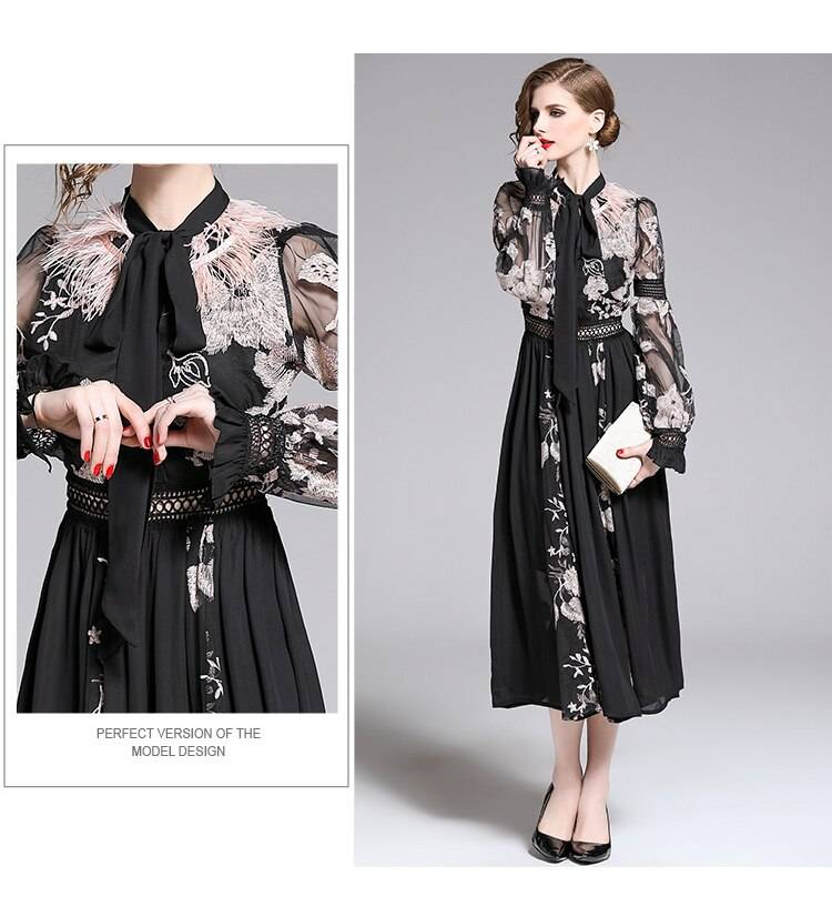 Elegant Black Feather Embroidery Lace-Up Bow Mesh Dress in Dresses