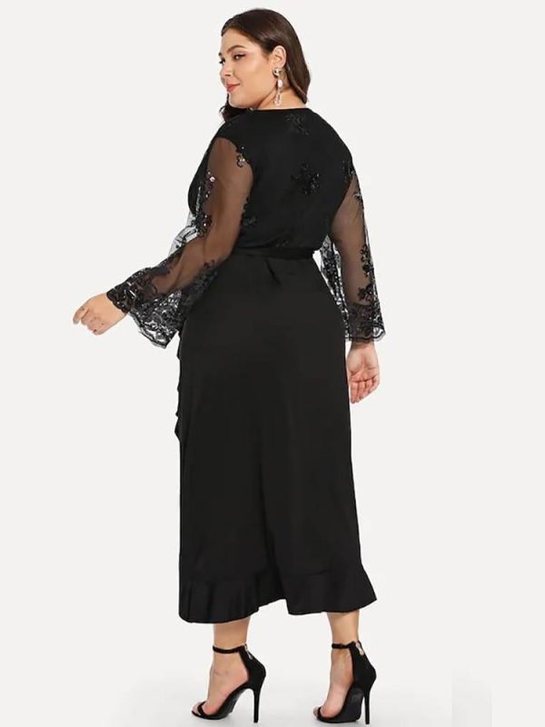 Elegant black v neck long sleeve sequied ruffles irregular long dress