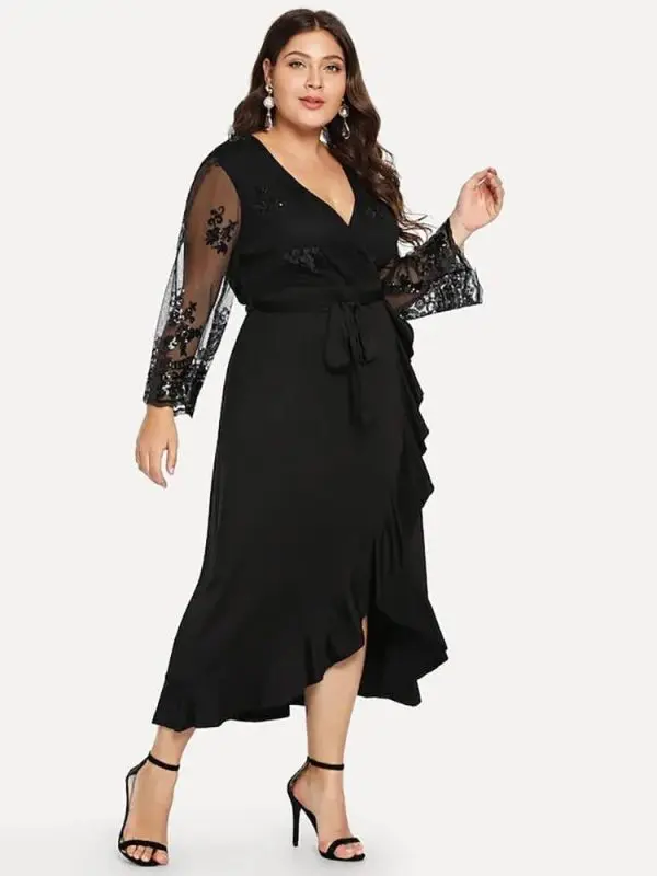 Elegant black v neck long sleeve sequied ruffles irregular long dress