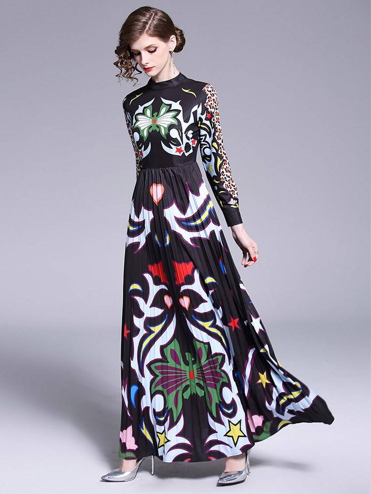 Floral Long Sleeve Patchwork Elegant Vintage Floor Length Dress in Dresses