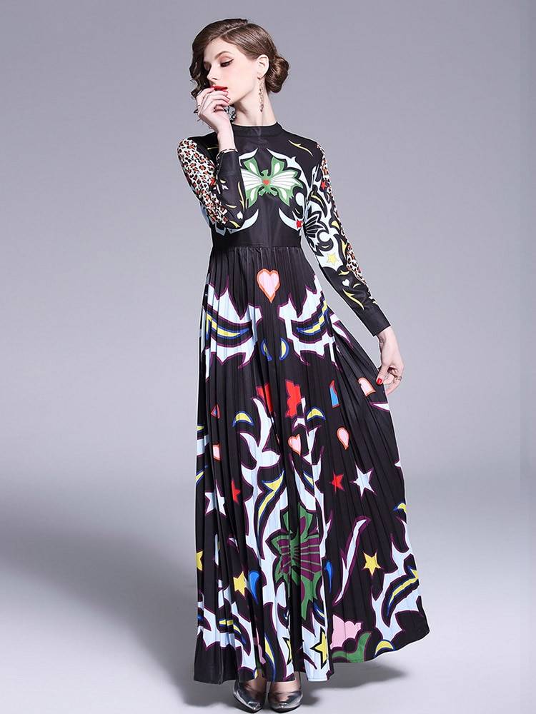 Floral Long Sleeve Patchwork Elegant Vintage Floor Length Dress in Dresses