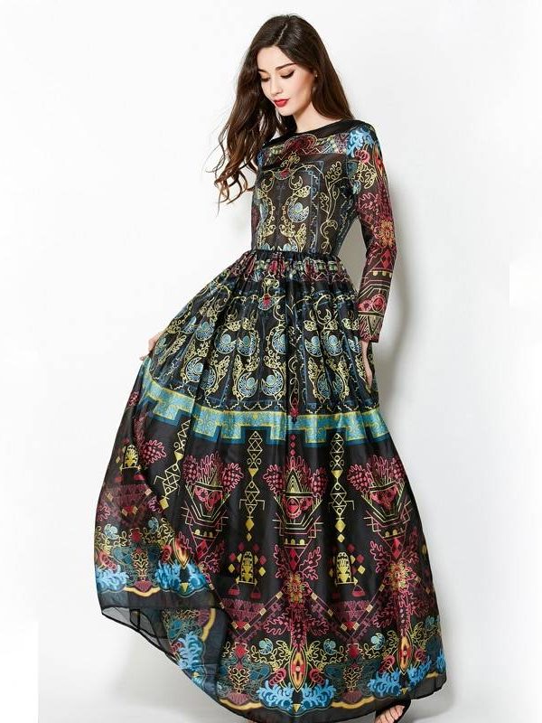Vintage Long Sleeves Retro Print Floor-Length Dress in Dresses