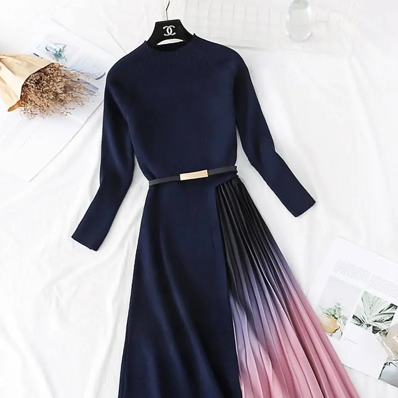 Elegant knitted patchwork gradient pink pleated long sleeve office one-piece sweater dress with belt