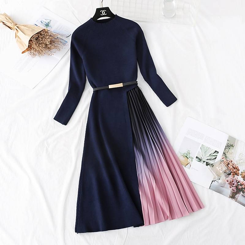 Elegant Knitted Patchwork Gradient Pink Pleated Long Sleeve Office One-Piece Sweater Dress With Belt in Dresses
