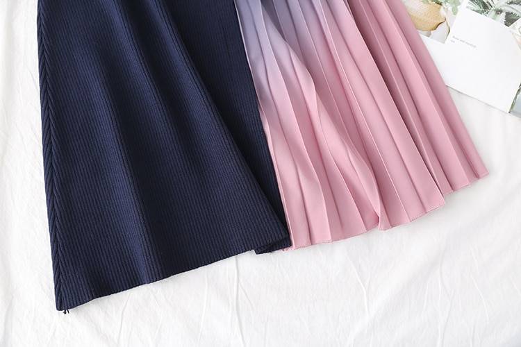 Elegant Knitted Patchwork Gradient Pink Pleated Long Sleeve Office One-Piece Sweater Dress With Belt in Dresses