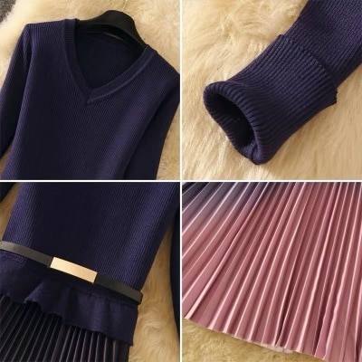 Elegant knitted patchwork gradient pink pleated long sleeve office one-piece sweater dress with belt