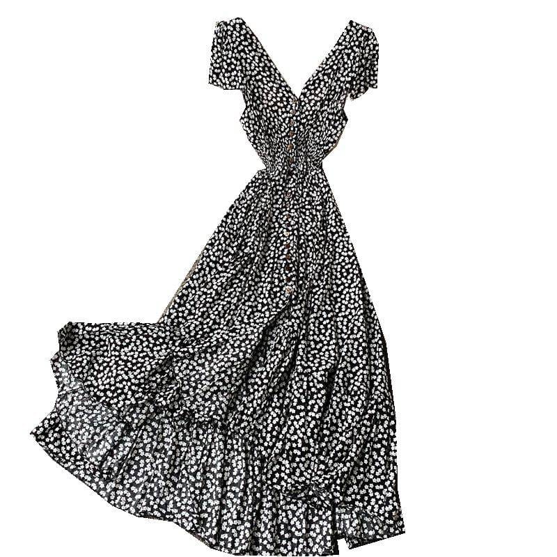 Vintage Irregular Ruched Backless Ruffle Floral Maxi Dress in Dresses