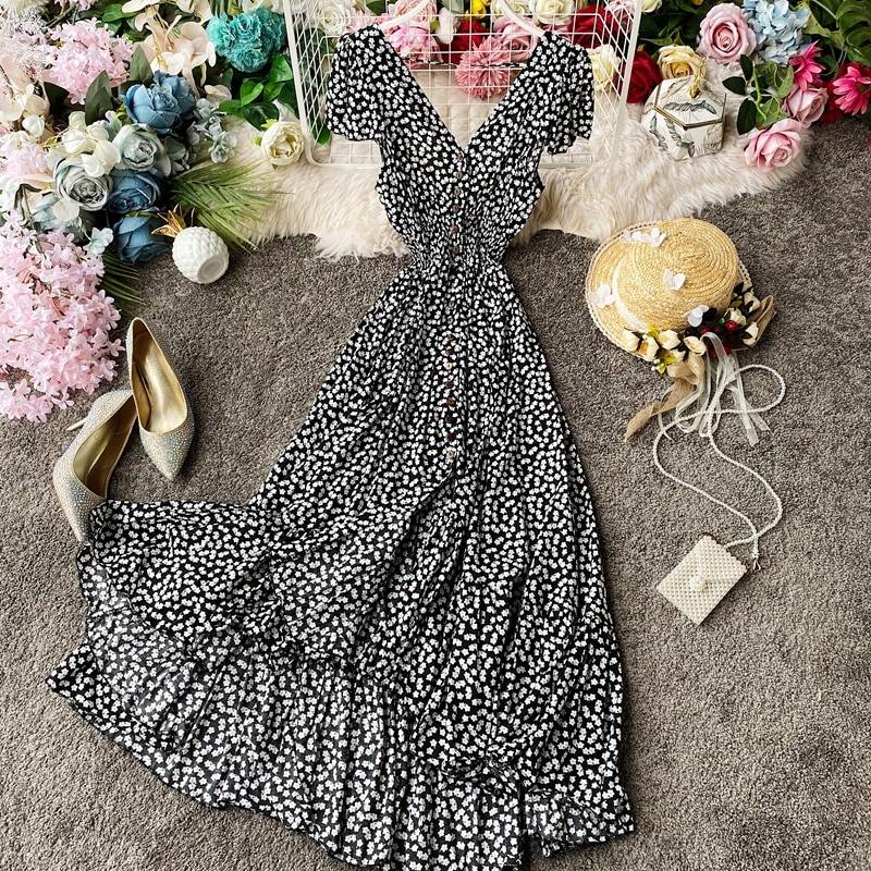 Vintage Irregular Ruched Backless Ruffle Floral Maxi Dress in Dresses