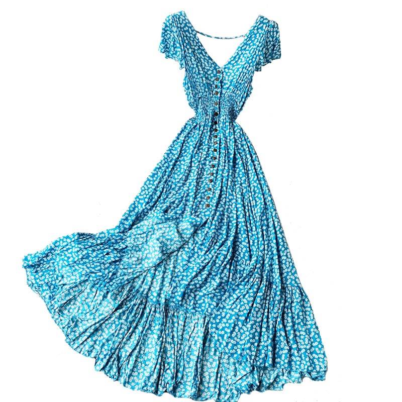 Vintage irregular ruched backless ruffle floral maxi dress