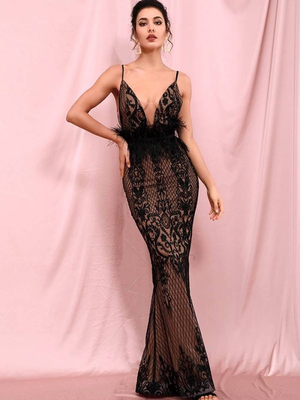 Deep v-neck open back flower embroidery maxi dress (with feather belt)